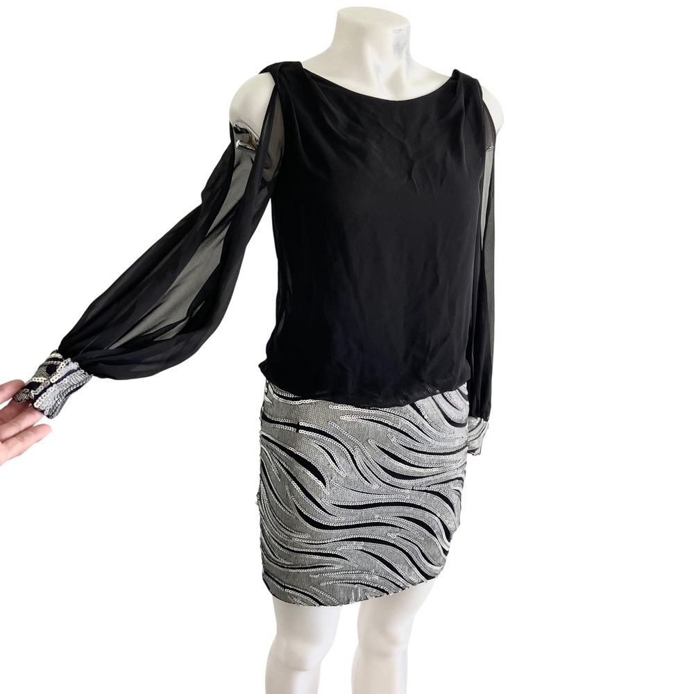 Cache Black Silver Sequin Mini Dress Sheer Split Sleeve V-Back XS